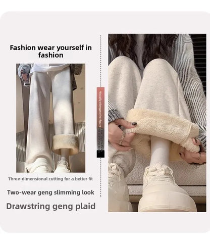 Thickened Fleece Women's Sports Pants Autumn Winter New Style Casual Loose Wide Leg Sweatpants High Waist Polyester Fiber