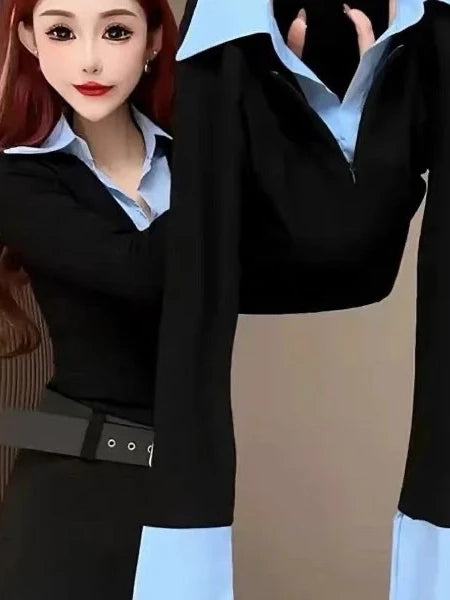 Spring Autumn 2026 Women's Slim Fit V Neck Bell Sleeve Shirt Color Block Waist Cinched False Two Piece Style Fashionable Offi...