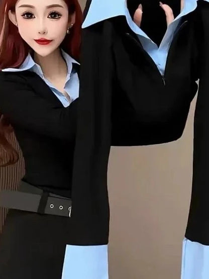 Spring Autumn 2026 Women's Slim Fit V Neck Bell Sleeve Shirt Color Block Waist Cinched False Two Piece Style Fashionable Offi...