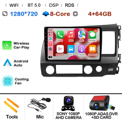 Car Radio Android 15 For Honda Civic 8 FK FN FD 2005 - 2012 RHD Multimedia Player Navigation GPS Carplay Stereo BT Head Unit DSP
