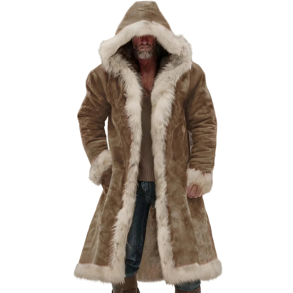 Men's Winter Thickened Hooded Jacket with Fleece Lining Solid Color Coat Long Sleeve Cardigan Style for Casual and Homewear