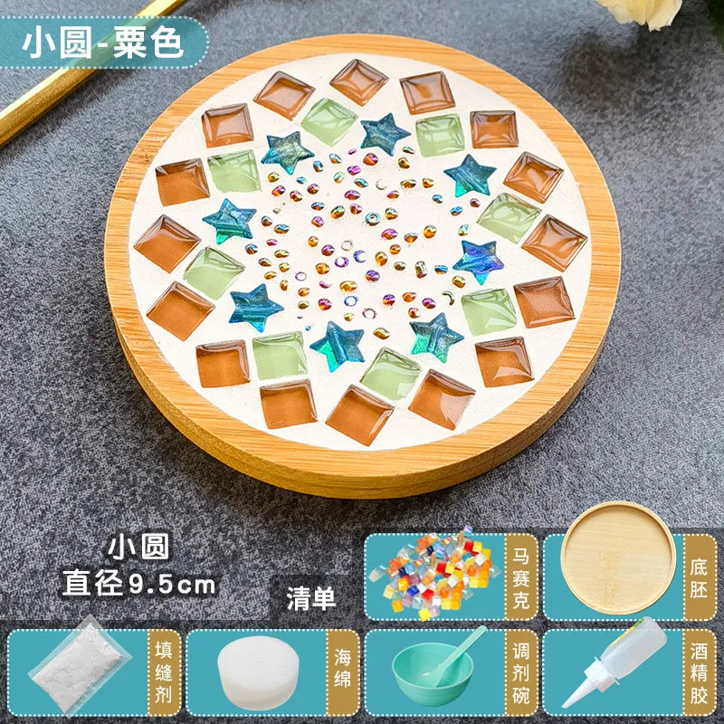 Handmade DIY Mosaic Cup Mat Bottom Bamboo Pad Heart Square Coaster Parent-Child Early Education Free Creation Handicraft Toys