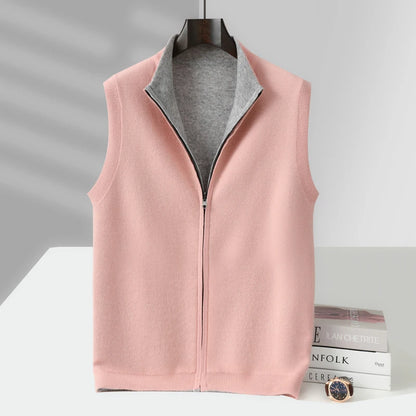 Autumn and winter 100% pure wool cardigan men's zipper stand collar double-sided sweater sleeveless knitted cashmere vest