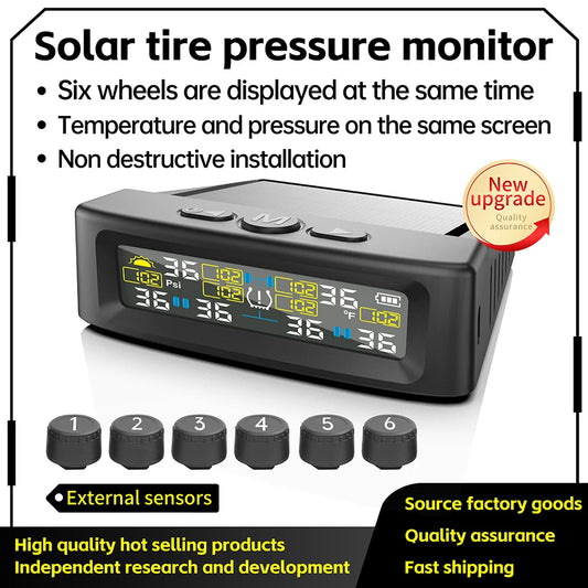 Solar TPMS Car Tire Pressure Alarm Digital Colorful Display 6 External Sensors Waterproof Tire Pressure Temperature Warning