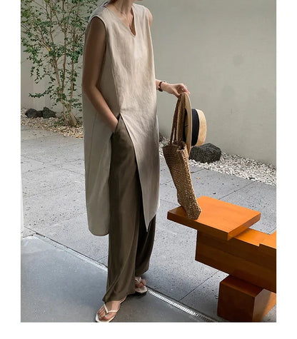 Simple Style Mid-Length V-Neck Women's Dress Knee-Covering Summer Cotton Linen A-Line Skirt Casual City Walk Dress