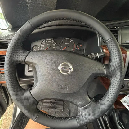 Customized Hole-punch Wear-resistant Car Steering Wheel Cover for Nissan Patrol Y61 Black Genuine Leather Car Accessories