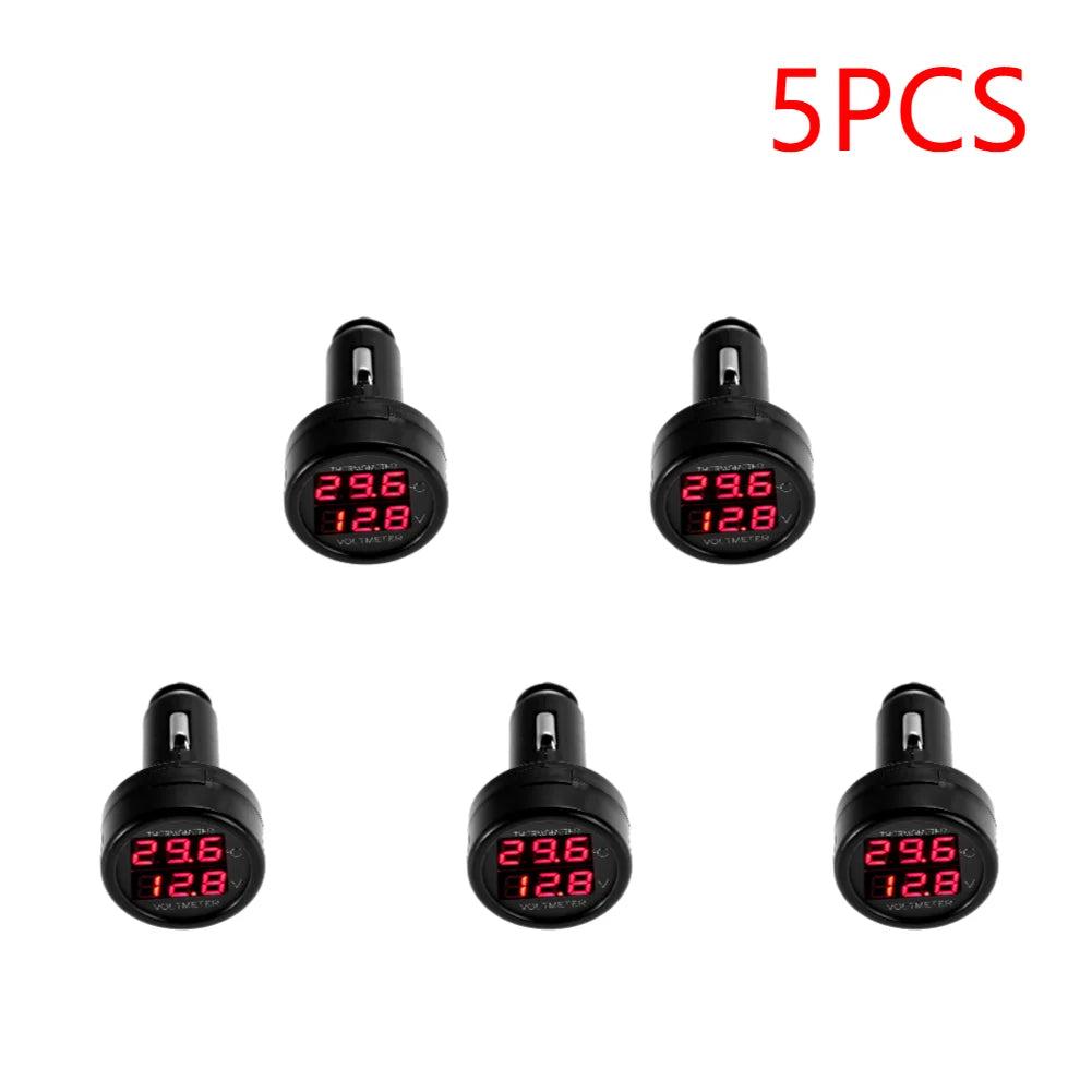 2 IN 1 12V 24V Car Voltmeter Thermometer Cigarette Lighter Car Battery Monitor LED Digital Dual Display For Cars Trucks RVs Boat