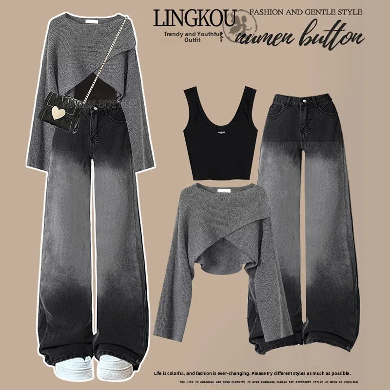Loose Knitted Sweater High Waist Wide Leg Pants Three Piece Set Women's Denim Casual Style Autumn Winter Fashion Ensemble