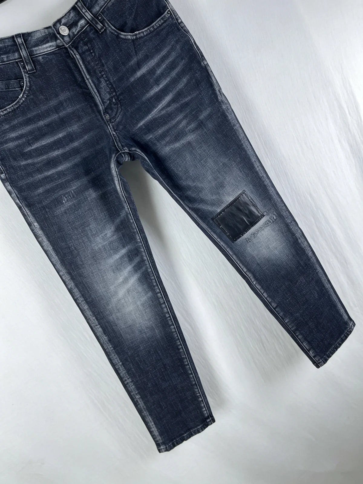 6029 Four Seasons New Men's Washed Ripped Patch Old Slim Fit Feet Black Jeans for Men