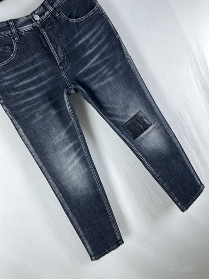 6029 Four Seasons New Men's Washed Ripped Patch Old Slim Fit Feet Black Jeans for Men