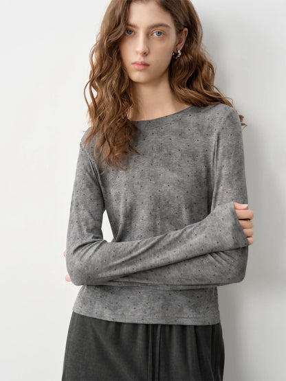 ZIQIAO Artistic Polka Dot Print Knit Crew Neck Long-sleeved T-shirt Top Slim 2026 Spring New Arrival for Women