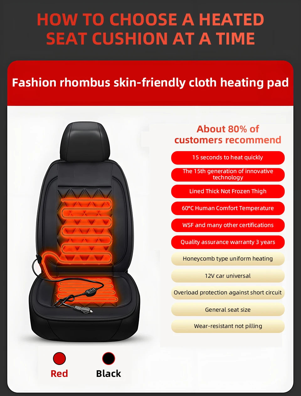 12V Car Heating Seat Cushion Seat Covers Winter Car Seat Heater  Car Accessories Heating Pads Universal Available In Black Red