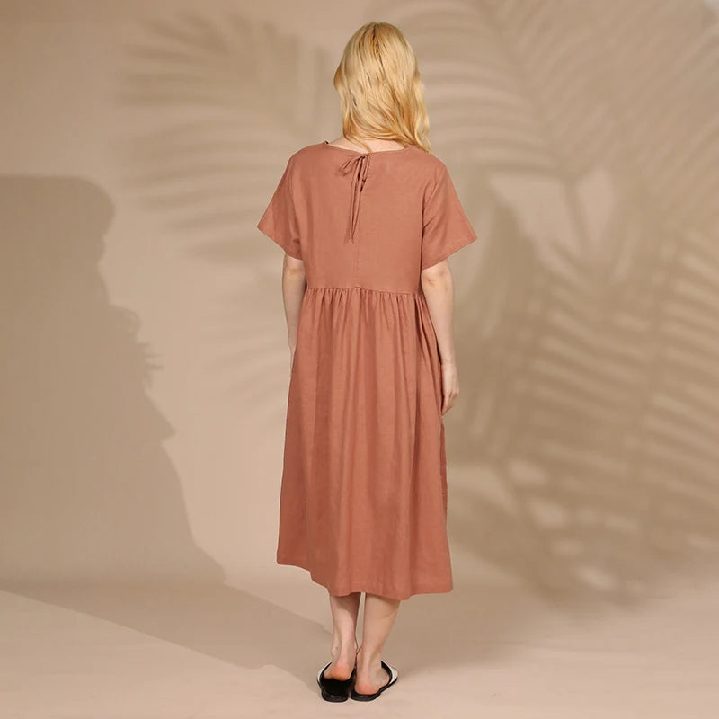 Summer Cotton Linen Women Dresses Vintage Short Sleeve Casual Loose Back Bandage Harajuku Party Club Dress With Pockets