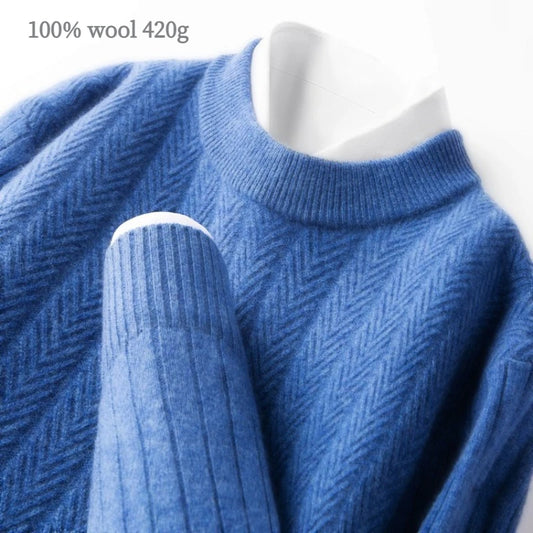 420g 100% Wool Men's High-quality Sweater, Business Casual Round-neck Pullover, Warm & Soft