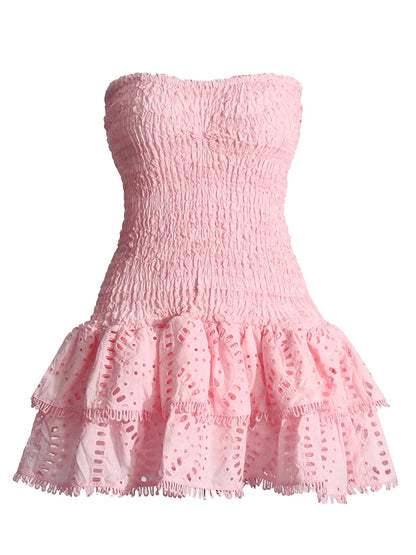TWOTWINSTYLE Patchwork Folds Casual Dresses For Women Strapless Sleeveless High Waist Hollow Out Elegant Slimming Dress Female