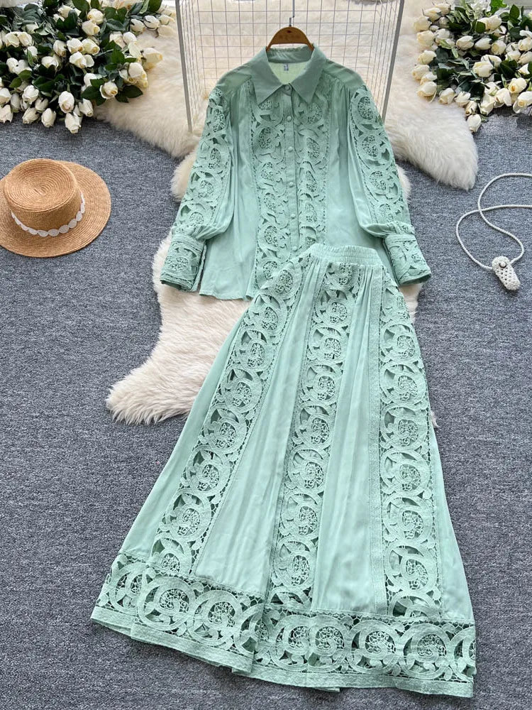 Elegant Lace Hollow out Long Sleeve Shirt And High Waist Half Skirt Two Piece Set for Women Fashionable And Stylish Ensemble