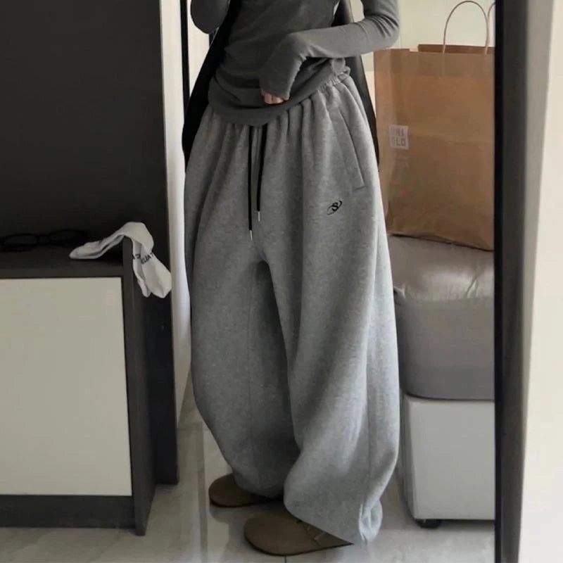 Thickened Fleece Loose Fit Sweatpants Youthful Vitality Style Pure Color Cuffed Casual Pants Spring Autumn Loose Trousers