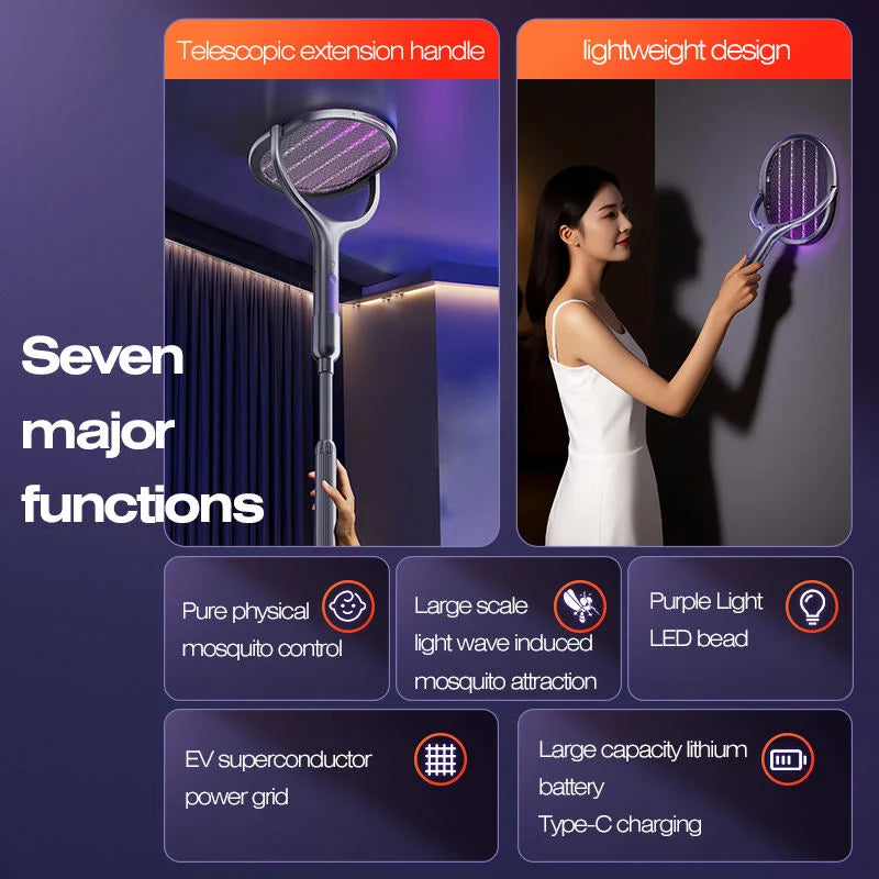 Space Silver Telescopic Bug Zapper 2-in-1 Foldable Fly Swatter UV Light Mosquito Killer Lamp Family Safe Home Bedroom 2800V