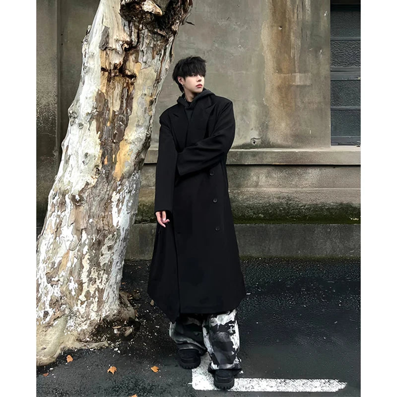 Thickened Shoulder Pad Knee-Length Woolen Coat Winter Men's Korean Style British Neapolitan Windbreaker Long Sleeve Double-Br...