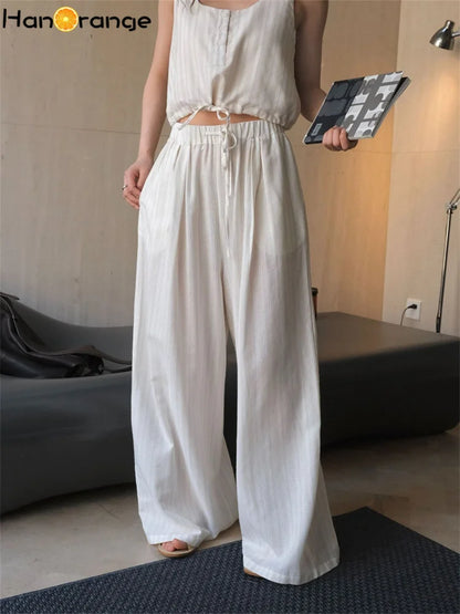 HanOrange 2026 Summer Vacation Stripe Loose Casual Pants Women Loose Wide Legs Breathable Trousers White Coffee/Blue White