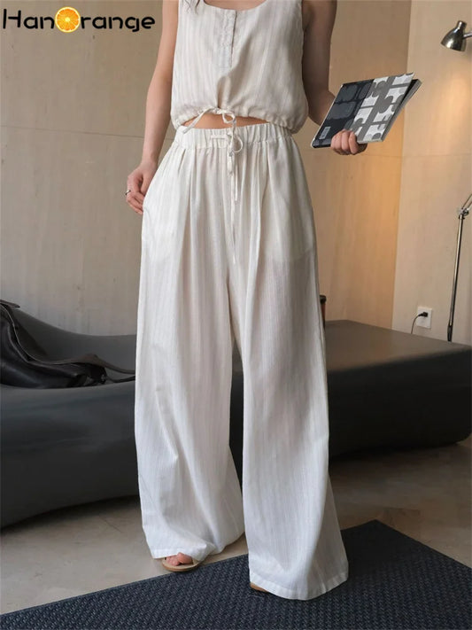 HanOrange 2026 Summer Vacation Stripe Loose Casual Pants Women Loose Wide Legs Breathable Trousers White Coffee/Blue White