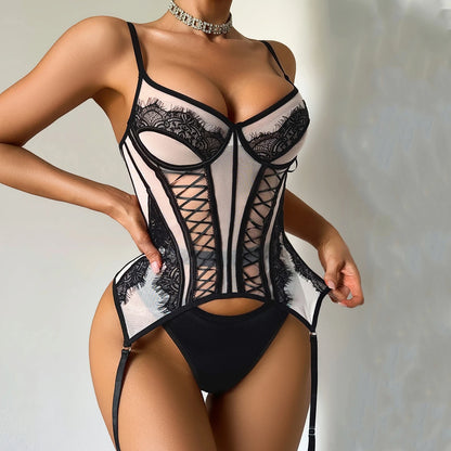 2026 Fashion Spicy Girl Cross Strap Splicing Perspective Lace Mesh Fishbone Shaping Slim and Sexy Split Set
