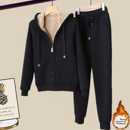 Thickened Fleece Winter Sportswear Set Women's Long Sleeve Hoodie Jacket And Pants Casual Slimming Pure Color Trendy Short Coat