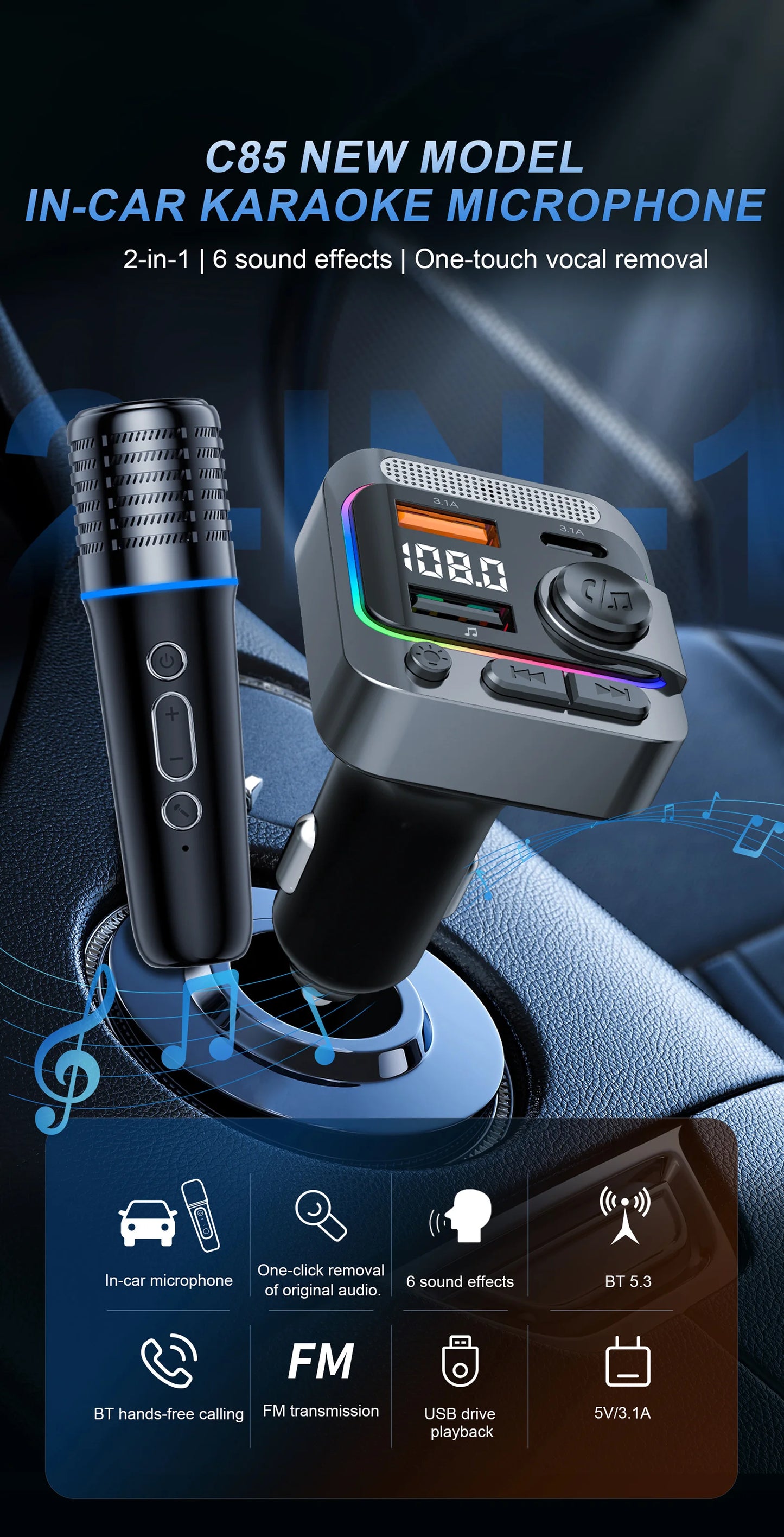 Bluetooth 5.3 Car FM Transmitter Type-C Dual USB Charging Car Audio MP3 Player Hands Free Calling with Karaoke Car Microphones