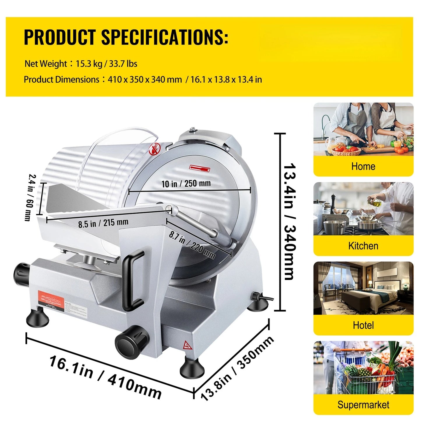 Commercial Meat Slicer Electric Deli Food Slicer 10" Carbon Steel Blade Electric Food Slicer 350-400RPM