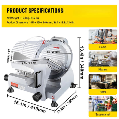 Commercial Meat Slicer Electric Deli Food Slicer 10" Carbon Steel Blade Electric Food Slicer 350-400RPM