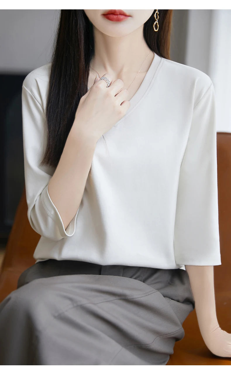 Spring And Summer New White Mercerized Cotton Cropped Sleeve T-shirt Feminine Joker 100% Cotton Bottoming Shirt Half Sleeve