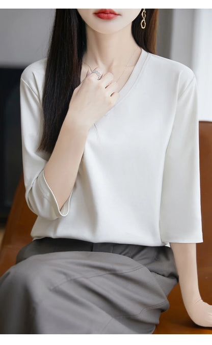 Spring And Summer New White Mercerized Cotton Cropped Sleeve T-shirt Feminine Joker 100% Cotton Bottoming Shirt Half Sleeve