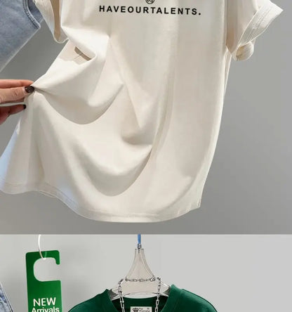 Women's Clothing Cotton T-shirt Spring/Summer Small Letters Short Sleeve Casual Tees Lady Versatile O-neck Basic Large Size Tops