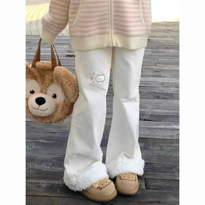 Corduroy  Embroidery Lamb Fur Patchwork Loose Micro Flare Autumn Winter Fleece Lined Slimming Cute Wide Leg Pants Women