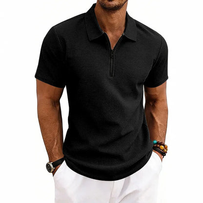 Men's Zip Polo Shirt Short Sleeve Waffle Textured Casual Top 2026