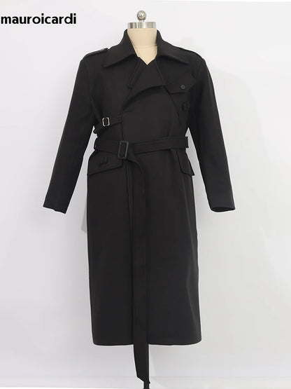 Mauroicardi Autumn Winter Cool Elegant Long Warm Black Woolen Trench Coat Men Belt Luxury Designer Clothes Wool Blends Overcoat