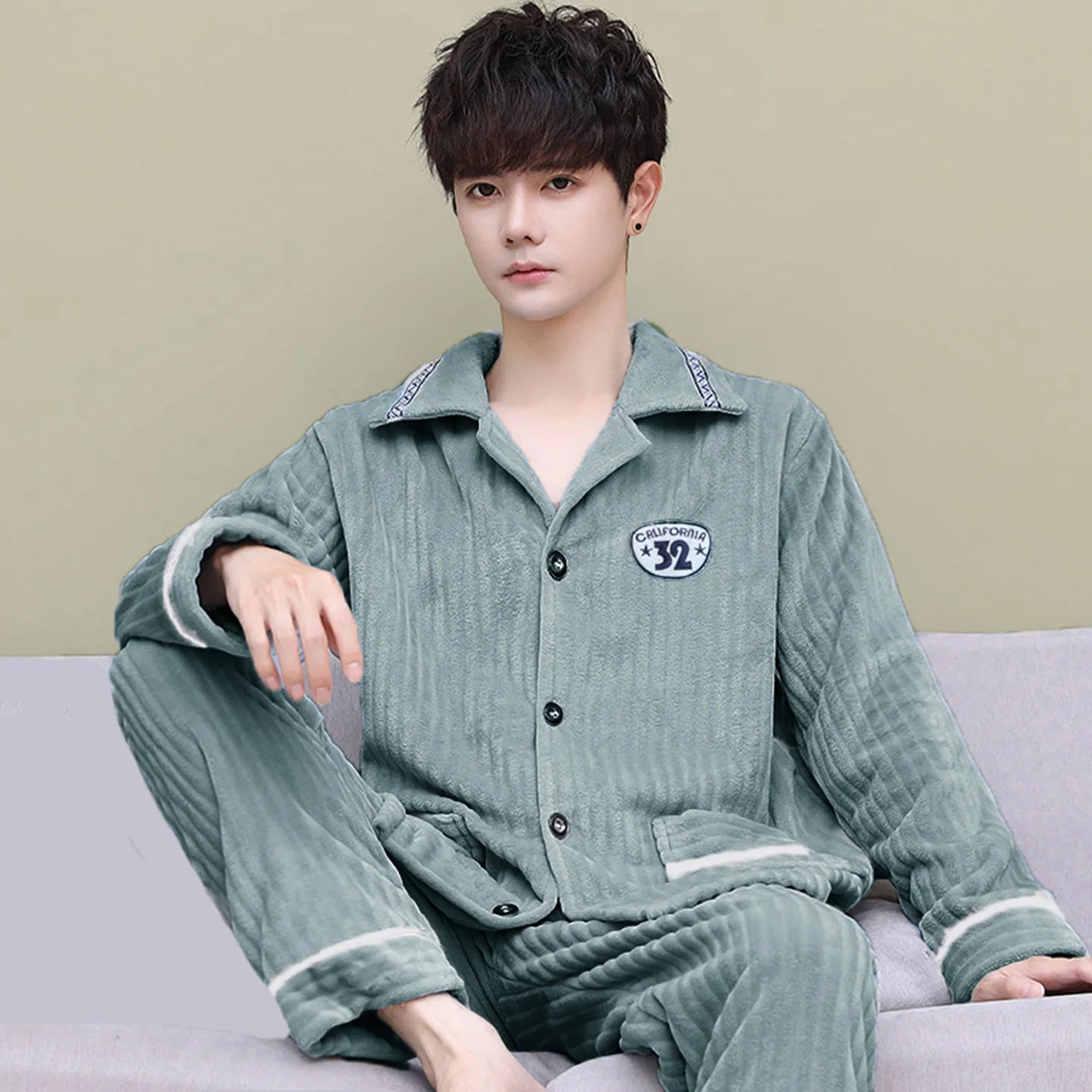 Men's Thickened Flannel Pajamas Coral Fleece Home Clothes Cardigan Set Long Sleeve Long Pants Soft Warm Winter Autumn Sleepwear