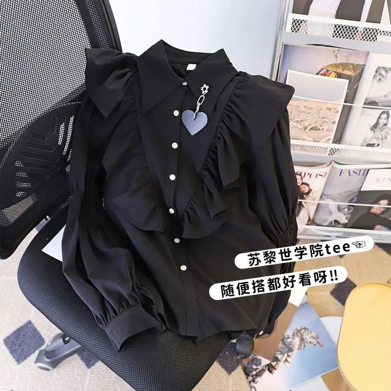 Jirai Kei Lolita Blouse Kawaii Top Women Cute Japanese Style Shirt with Bow Y2K Elegant Long Sleeve Sweet Casual Aesthetic Tops