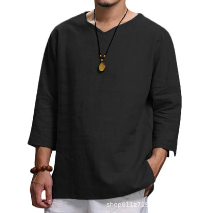Men's Long Sleeve Loose Shirts Summer Solid Color Casual Shirt High Quality Plus Size V-Neck Shirt Male Clothing 2026