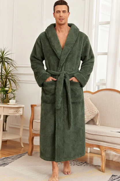 Men's Ultra Soft Coral Fleece Bathrobe Long Plush Shawl Collar Robe with Belt Pockets Thick Warm Winter Loungewear Home Nightgow