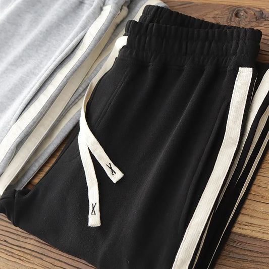 Spring Autumn American Retro Drawstring Knitted Striped Sweatpants Men's Simple 100% Cotton Sports Casual Loose Straight Pants