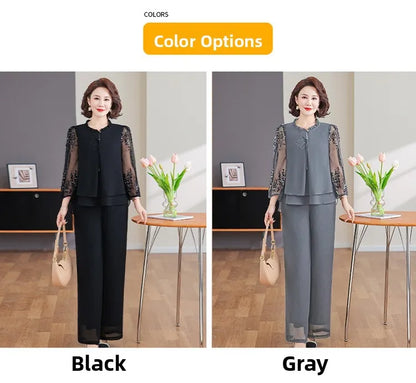 New 2026 Summer Fashionable Thin Two-Piece Set for Older Women Age-Defying Trendy Top And Bottom Ensemble Polyester Fiber