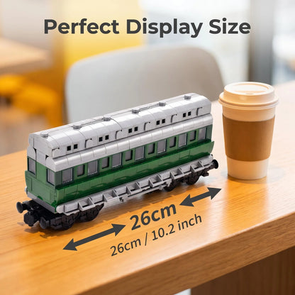 26cm Retro Double-Deck Passenger Train Car Building Blocks Model Green Gray Classic Train Display Toy for Hobbyists