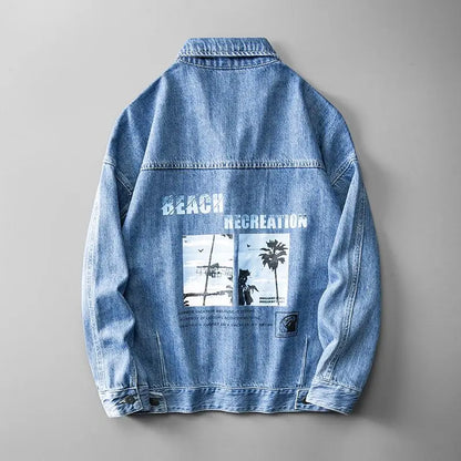Men's Causal Denim Jacket Gray Autumn Wide Shoulders Fashion Male Jean Coat with Embroidery Japanese Y2k Clothing Big Size Baggy