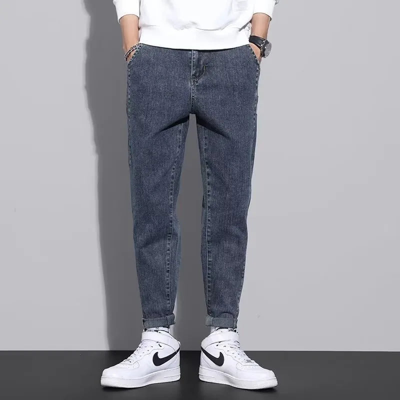Men Autumn Winter Baggy Straight Leg Casual Jeans Trend Male High Waist Harem Pants Classic Simplicity Blue Black Gray Trousers