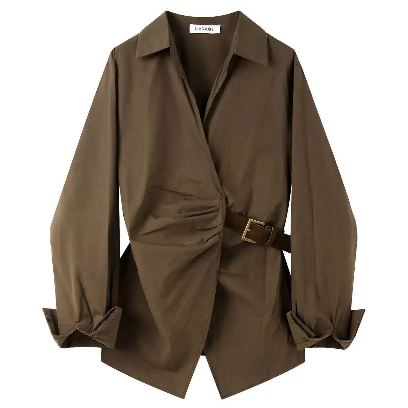 Unique Korean Style Women's Long Sleeve Shirt V-Neck Commute Fashion Outerwear Waist-Cinching Spring Autumn New Arrival