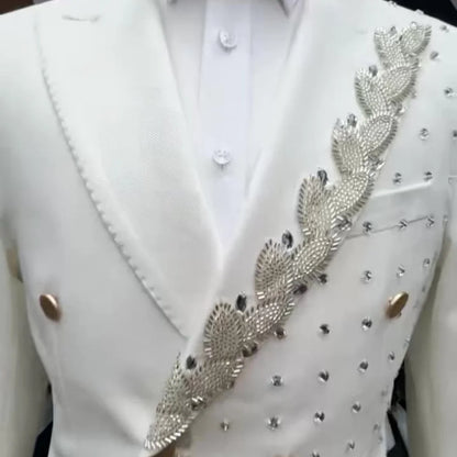 Formal Double-Breasted Men's Suit Set 2PCS For Wedding Classic Crystal Groom Suit Party Suit Blazers Pants Exquisite Men's Suit