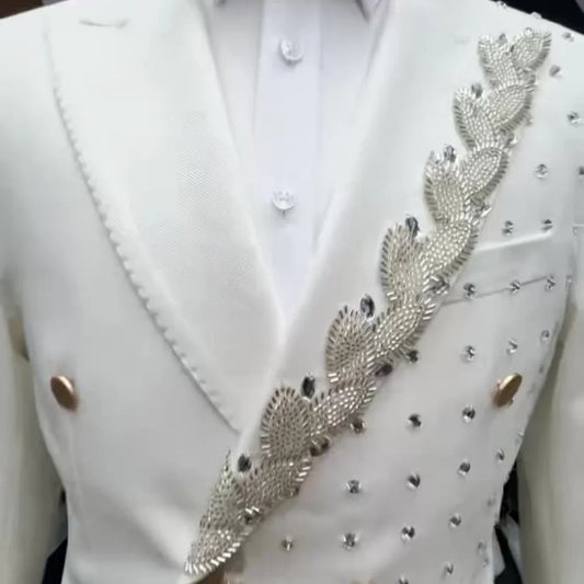 Formal Double-Breasted Men's Suit Set 2PCS For Wedding Classic Crystal Groom Suit Party Suit Blazers Pants Exquisite Men's Suit