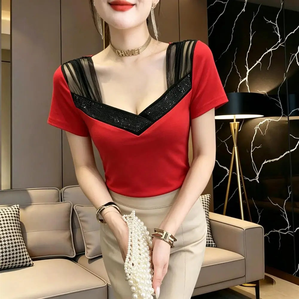 Summer 2026 Women's V-neck T-shirt Mesh Splice Short Sleeve Heavy-duty Rhinestone Slimming Top Korean Style Breathable Cotton