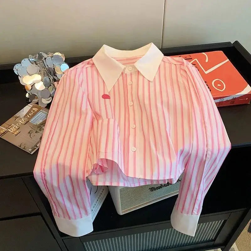 Pink Striped  Collar ort irt Long Sve Women's Design Sensation  Anti-Aging Versatile Long Sve irt